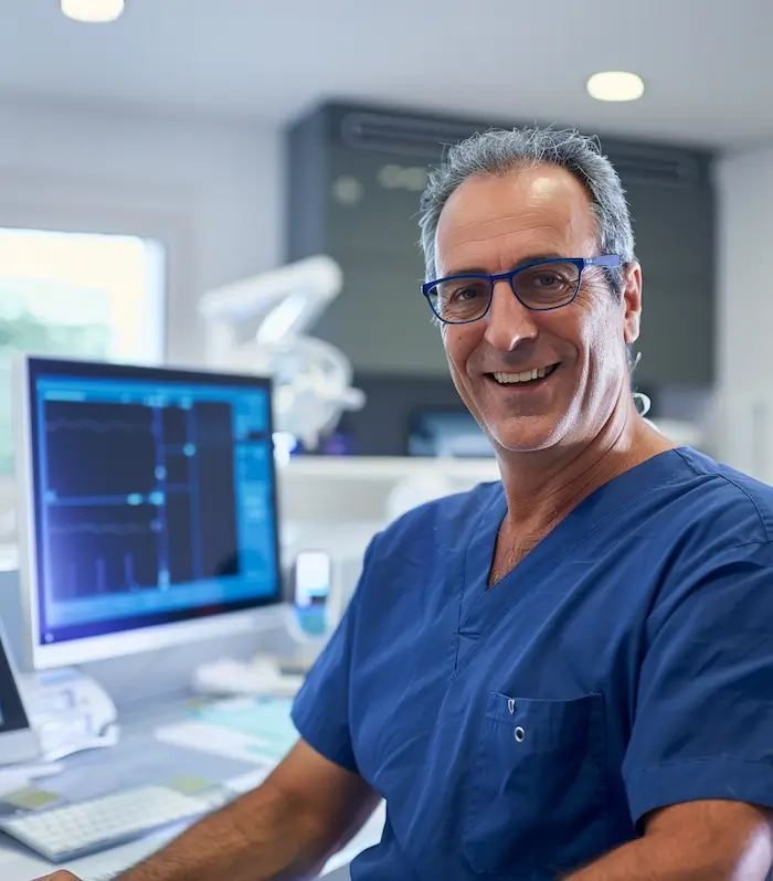 plastic surgeon smiling while doing keyword research