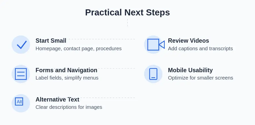 Infographic showing 5 practical steps to improve medical website accessibility: 1) Start small with key pages, 2) Evaluate forms and navigation, 3) Add alternative text to images, 4) Review video content and add captions, 5) Check mobile usability. A note highlights the importance of video marketing for patient engagement.